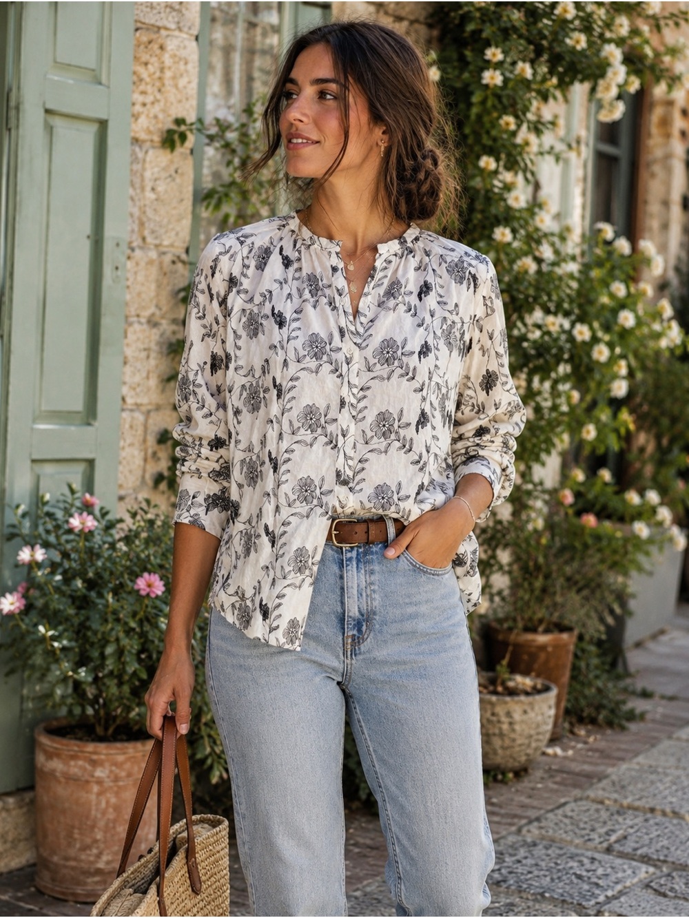 Weekend Max Mara Floral Cotton Button Front Blouse White Black Size L